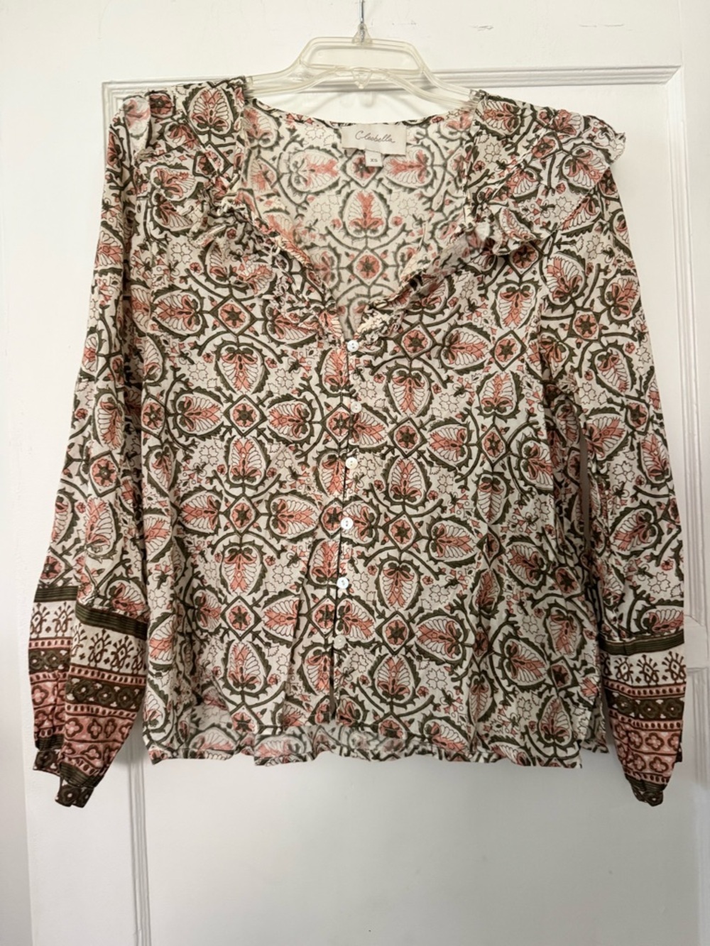Cleobella White Button-Front Blouse with Pink & Olive Print